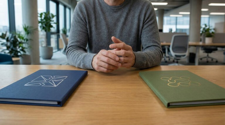 Un homme aux mains jointes devant deux livres : un bleu (motif brisé, licenciement) et un vert (motif lié, rupture conventionnelle).