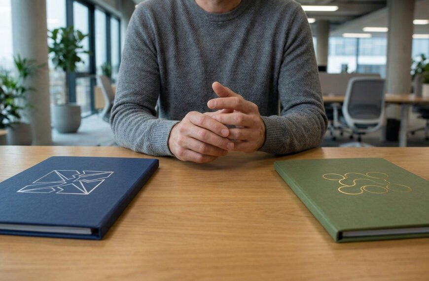 Un homme aux mains jointes devant deux livres : un bleu (motif brisé, licenciement) et un vert (motif lié, rupture conventionnelle).