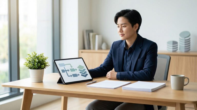 Un homme en costume analyse un diagramme de flux sur une tablette dans un bureau lumineux, entouré de documents.
