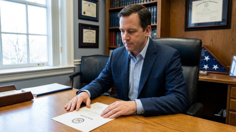 Homme en costume sombre à un bureau en bois, regardant un document de démission. Bureau officiel avec bibliothèque et drapeau.