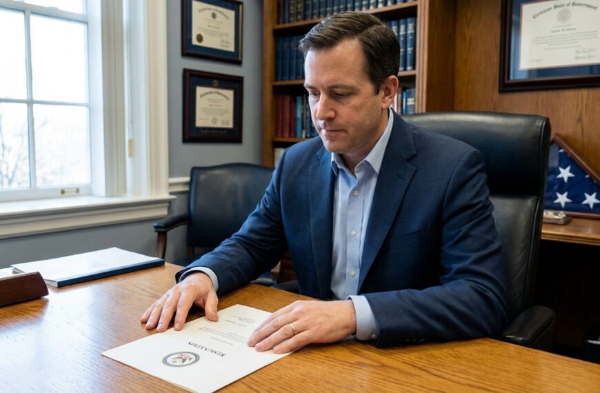 Homme en costume sombre à un bureau en bois, regardant un document de démission. Bureau officiel avec bibliothèque et drapeau.