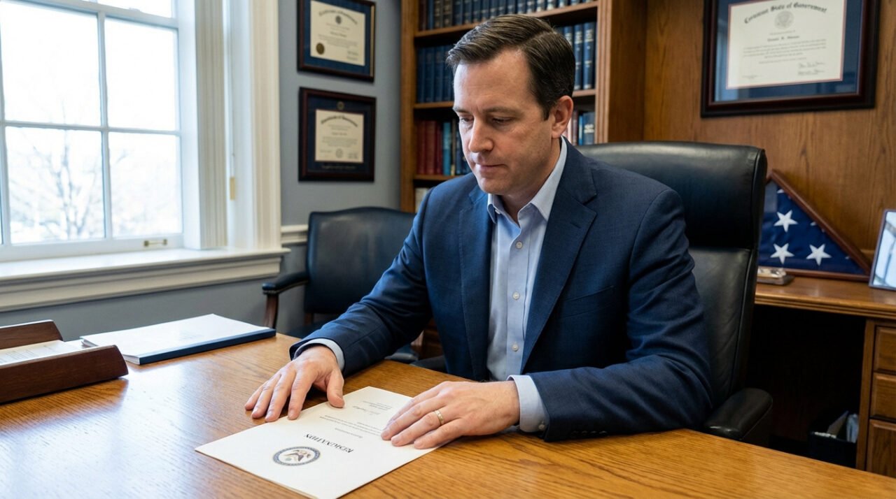 Homme en costume sombre à un bureau en bois, regardant un document de démission. Bureau officiel avec bibliothèque et drapeau.