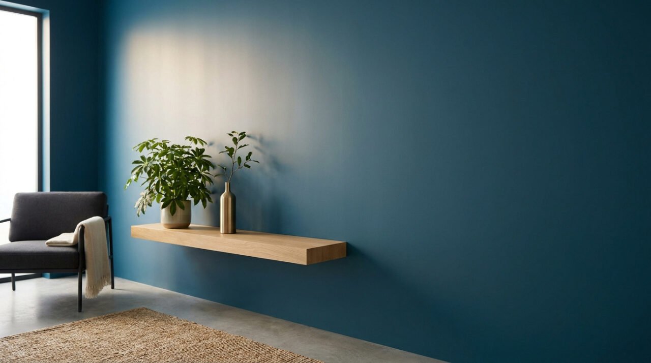 Un salon élégant avec un mur bleu pétrole, une étagère en bois flottante, une plante verte et un fauteuil gris.