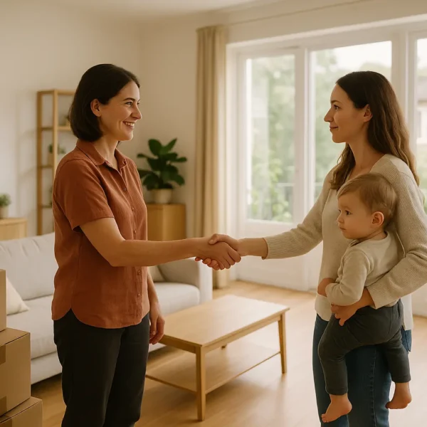 Deux femmes se serrent la main dans un salon contenant des cartons de déménagement ; l'une d'elles tient un bébé dans ses bras. Le cadre semble lumineux et accueillant, avec de la lumière naturelle et des plantes.