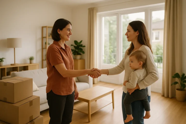 Deux femmes se serrent la main dans un salon contenant des cartons de déménagement ; l'une d'elles tient un bébé dans ses bras. Le cadre semble lumineux et accueillant, avec de la lumière naturelle et des plantes.