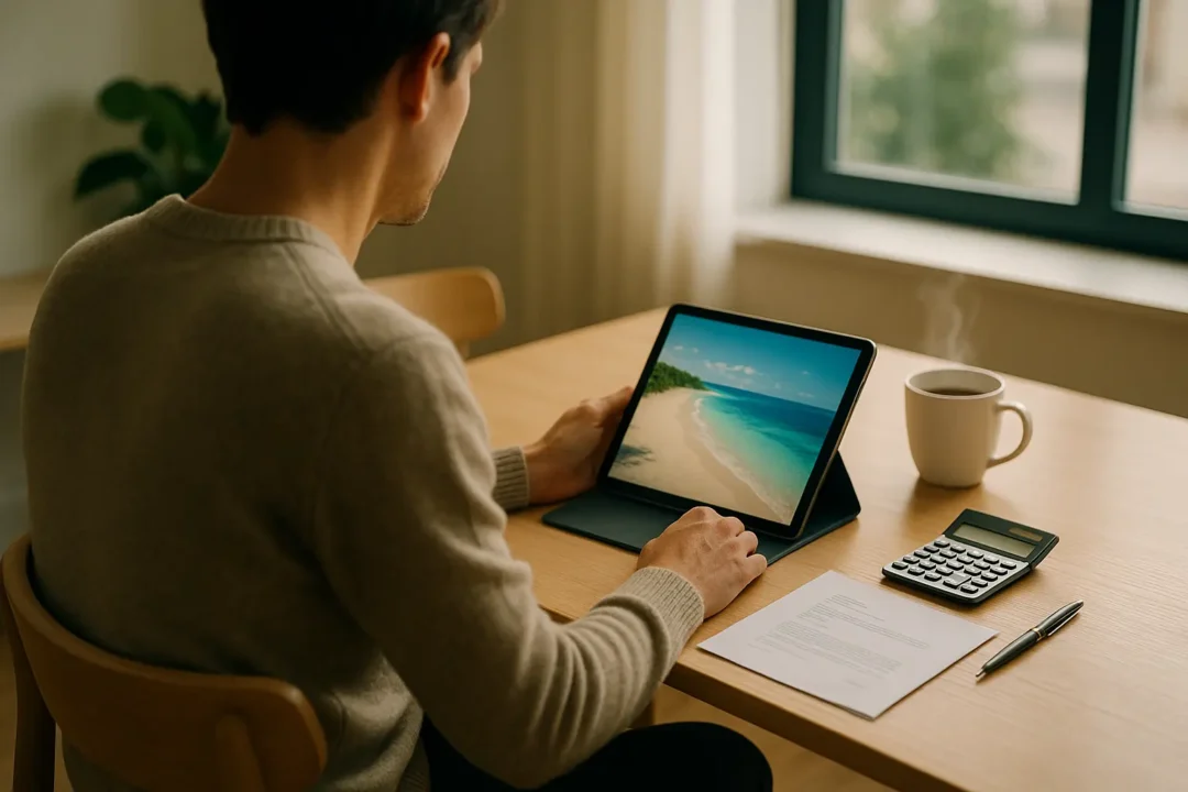 Une personne est assise à un bureau et utilise une tablette affichant une scène de plage. Une tasse de café, une calculatrice, un stylo et un document sont posés sur la table près d'une fenêtre.