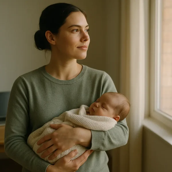 Une femme tenant un bébé endormi dans ses bras se tient près d'une fenêtre, regardant à l'extérieur. Un bureau avec un ordinateur portable et des documents est visible à l'arrière plan.
