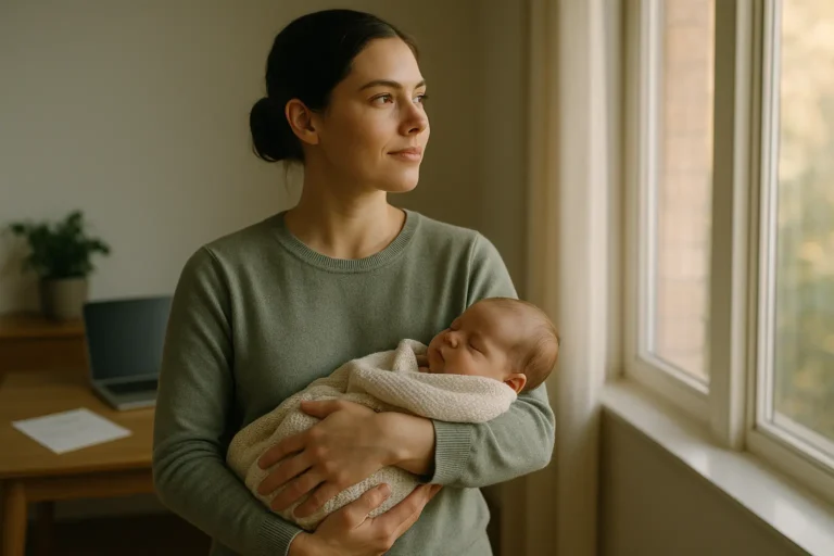 Une femme tenant un bébé endormi dans ses bras se tient près d'une fenêtre, regardant à l'extérieur. Un bureau avec un ordinateur portable et des documents est visible à l'arrière plan.