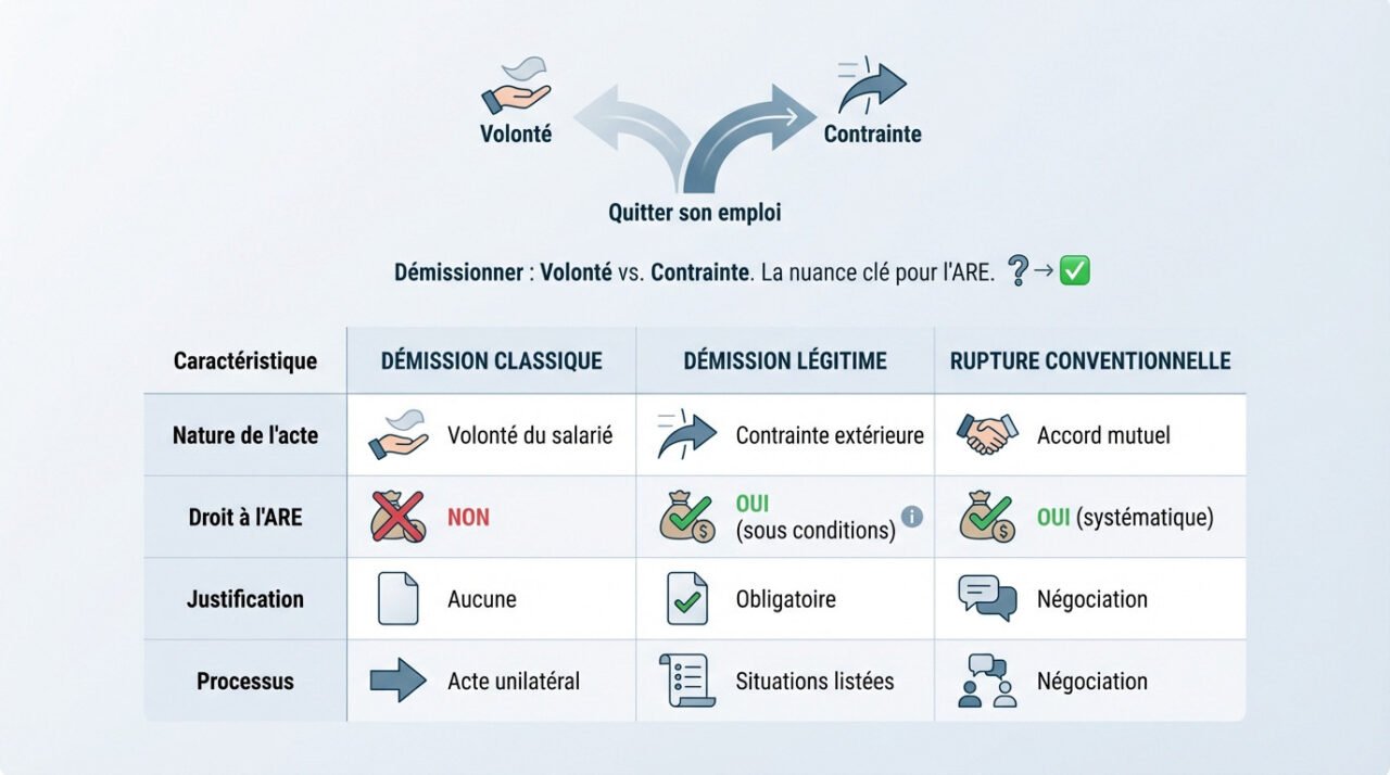 Comparaison entre démission volontaire et démission légitime contrainte pour l'accès aux droits chômage