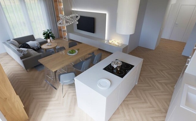 design d'intérieur de salon et de cuisine ouverte