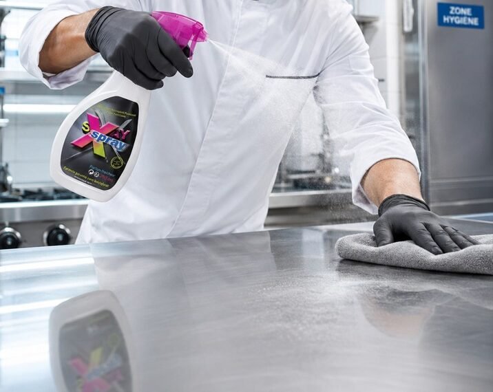 Dans une cuisine professionnelle, une personne vêtue de gants noirs et d'une blouse blanche vaporise un produit nettoyant sur une surface en acier inoxydable et l'essuie avec un chiffon.