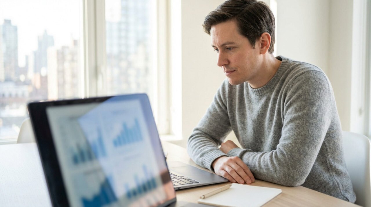 Un homme est assis à un bureau et regarde un écran d'ordinateur portable affichant des graphiques flous, avec un carnet et un stylo à côté de lui dans un bureau lumineux.