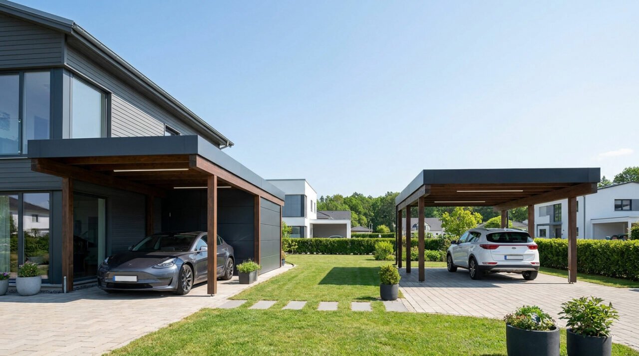 Vue extérieure d'une maison moderne avec un carport adossé et un carport autoportant sur un terrain aménagé.