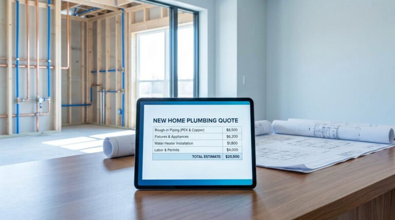 Tablette affichant un devis de plomberie devant une ossature de maison avec des tuyaux en cuivre et PEX.
