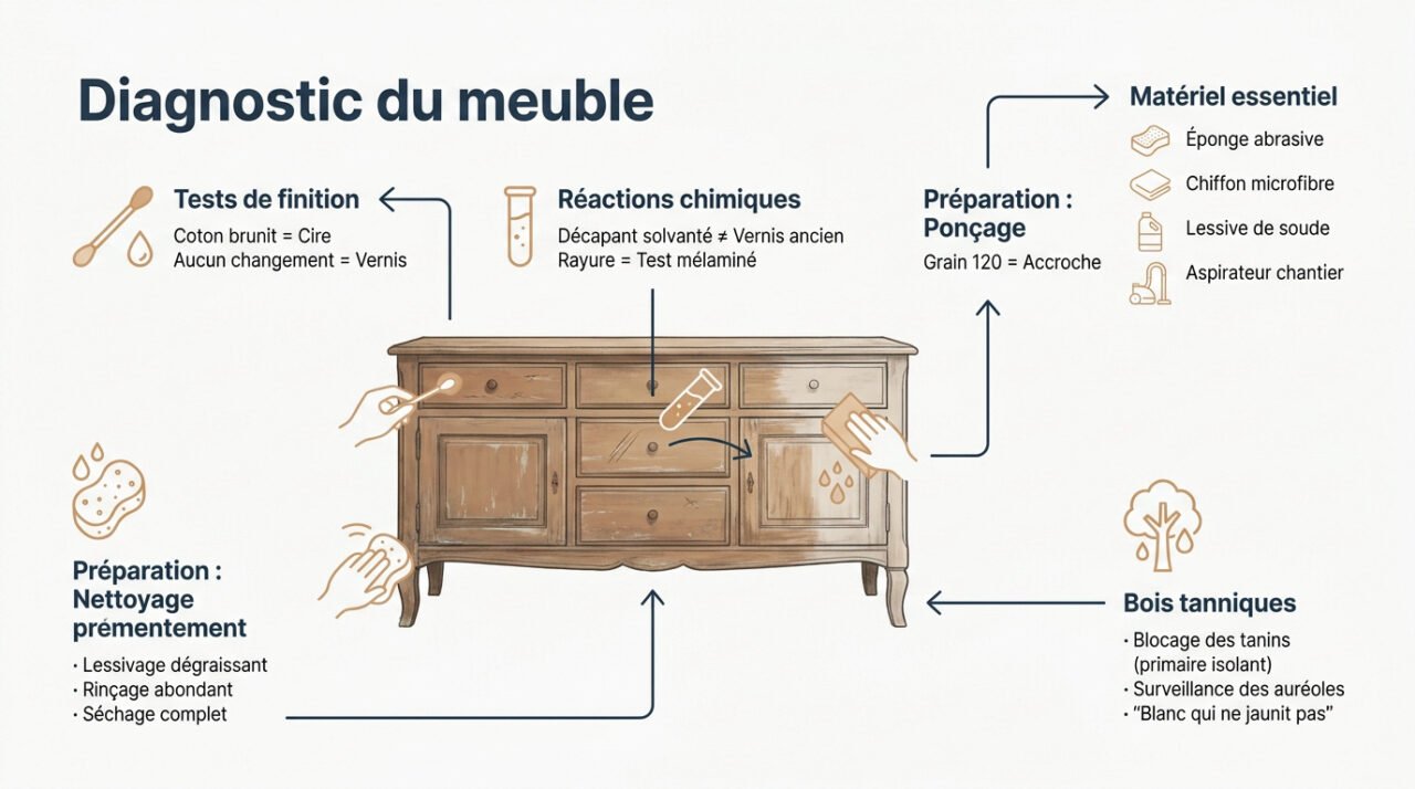 test de finition sur bois ancien pour diagnostic avant relooking