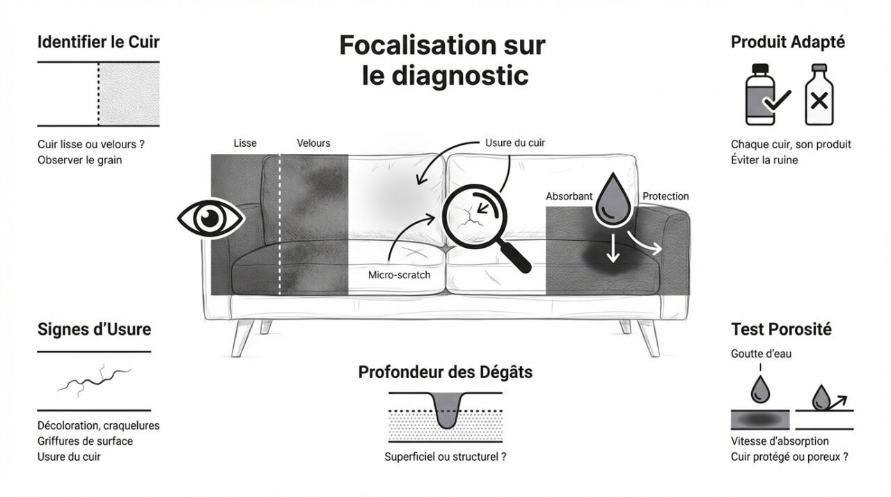 Test de la goutte d'eau et examen du grain sur un canapé en cuir