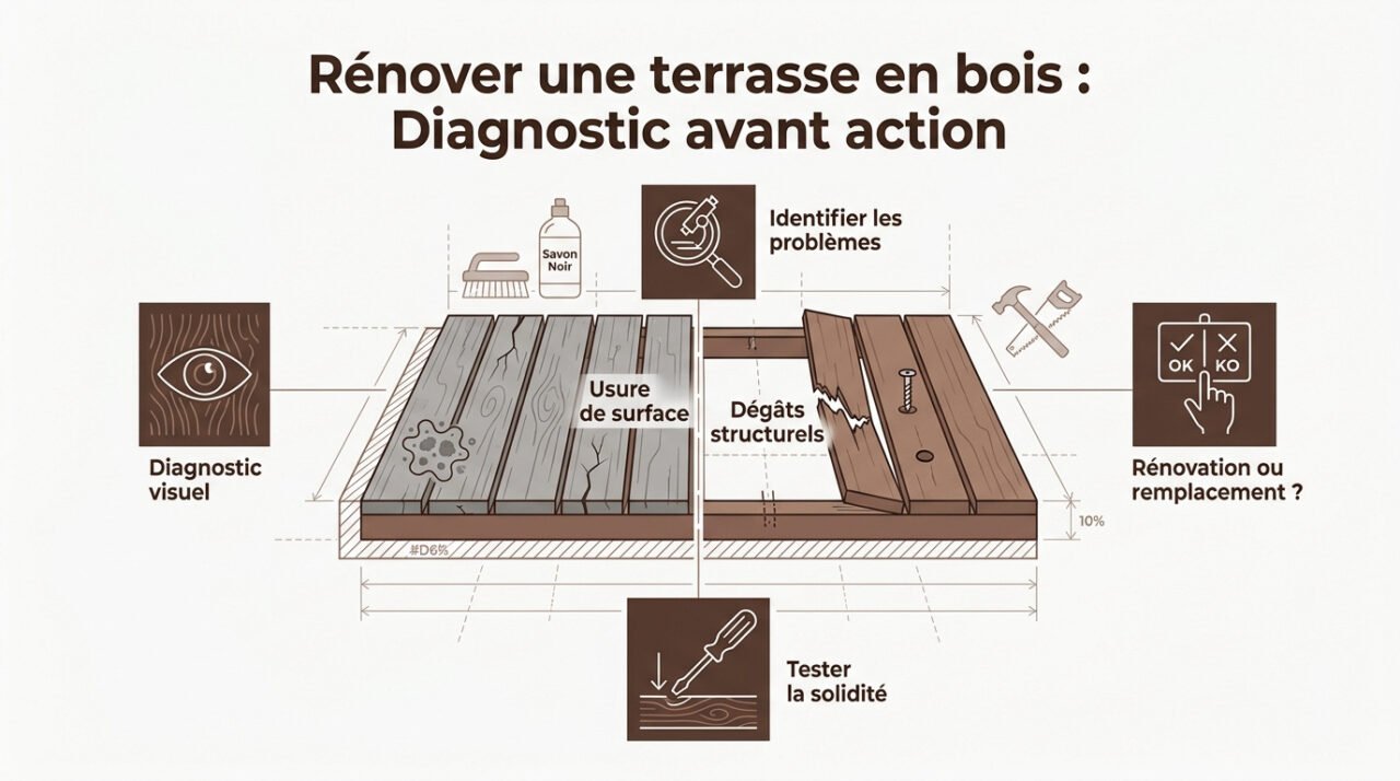 Diagnostic de l'état des lames de bois avant rénovation d'une terrasse