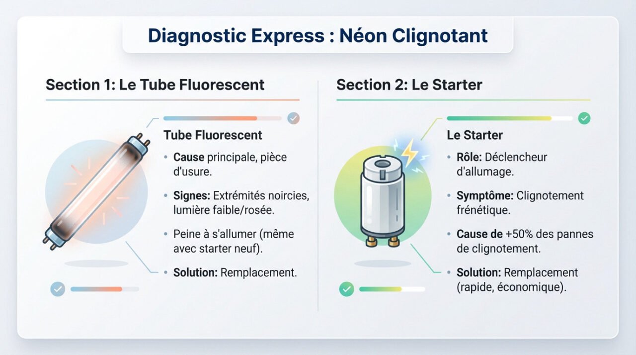 Diagnostic visuel des pannes courantes d'un tube néon qui clignote