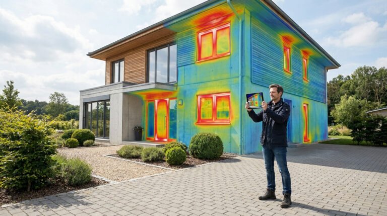 Un homme examine une maison avec une tablette affichant une image thermique révélant des déperditions de chaleur.