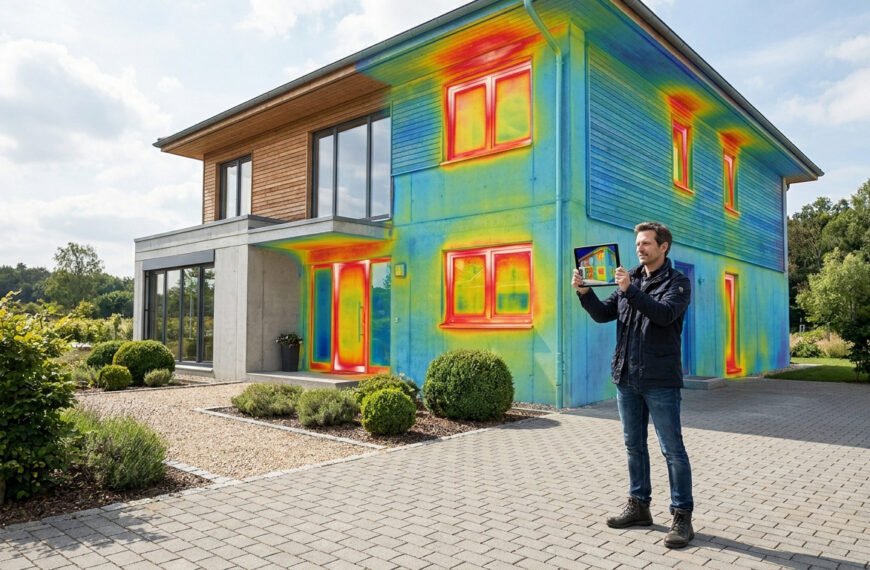 Un homme examine une maison avec une tablette affichant une image thermique révélant des déperditions de chaleur.