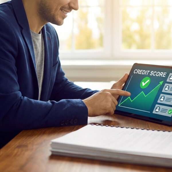 Un homme en blazer est assis à un bureau et utilise une tablette affichant un graphique ascendant, une coche et les mots "Credit Score" à l'écran.