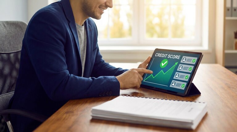 Un homme en blazer est assis à un bureau et utilise une tablette affichant un graphique ascendant, une coche et les mots "Credit Score" à l'écran.