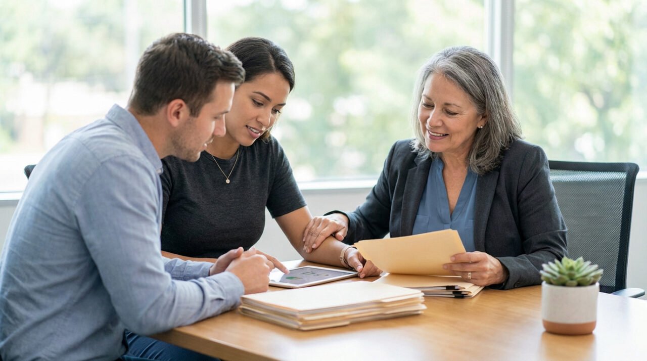 Un jeune couple discute avec une conseillère souriante, consultant une tablette et des dossiers sur leurs droits Agirc-Arrco.
