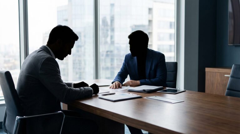 Deux hommes en costume discutent sérieusement à une table de réunion, avec des documents. Silhouettes face à la fenêtre.
