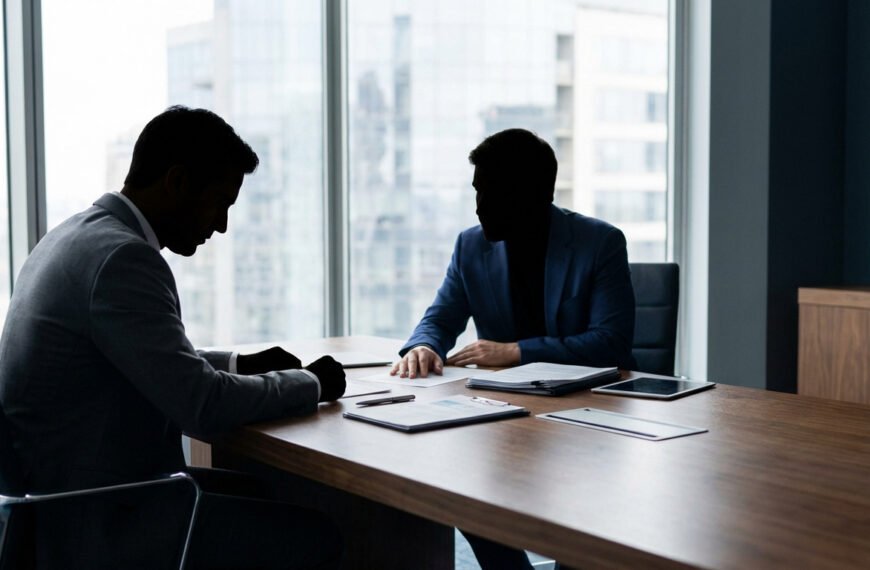 Deux hommes en costume discutent sérieusement à une table de réunion, avec des documents. Silhouettes face à la fenêtre.