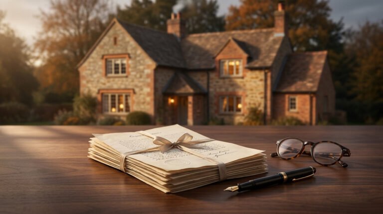 Piles de documents officiels liés par un ruban sur une table, avec une maison en pierre floue en arrière-plan.