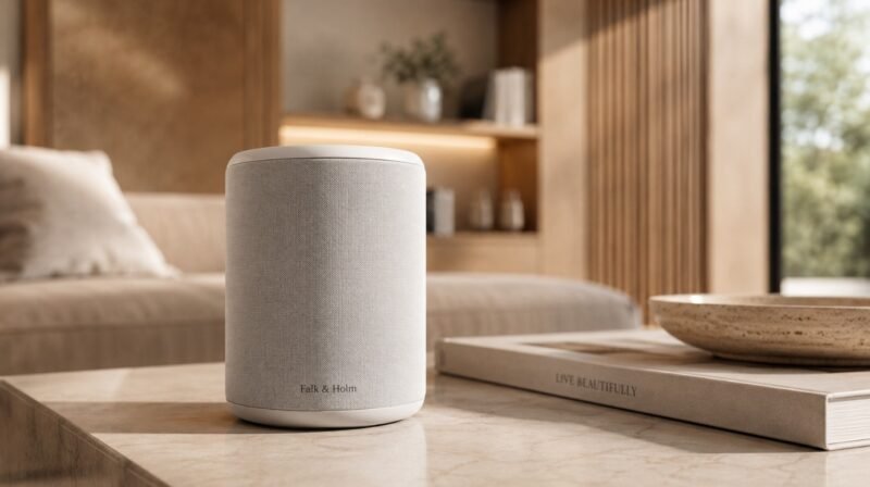 Une enceinte sans fil blanche trône sur une table basse en marbre dans un salon moderne, avec un livre et un bol décoratif à proximité.