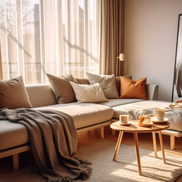 Un salon avec un canapé et une table basse.