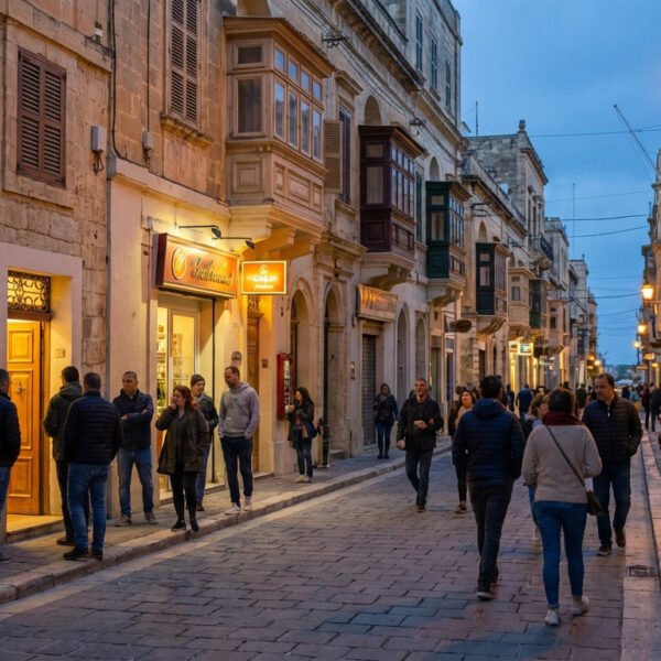 A bustling Maltese street at early night. People walk past traditional buildings with warm shop lights and soft street illumination.