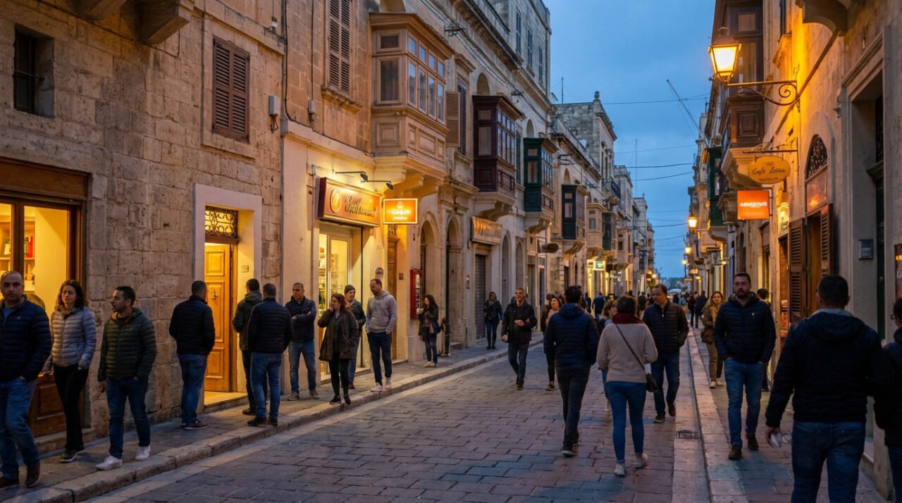 A bustling Maltese street at early night. People walk past traditional buildings with warm shop lights and soft street illumination.