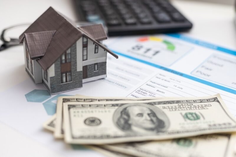 Une maquette de maison, des billets de cent dollars américains et un rapport de solvabilité sont placés sur un bureau avec un clavier en arrière-plan.