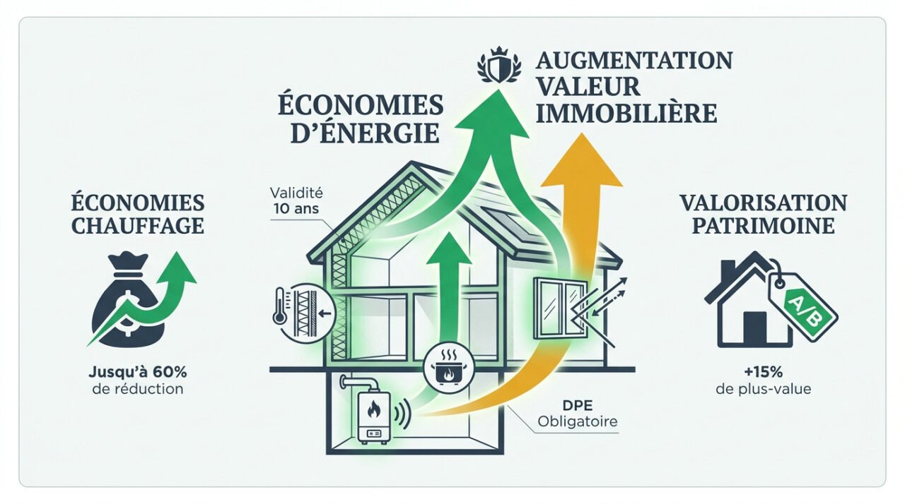 Graphique montrant les économies d'énergie et la valorisation d'un bien immobilier après travaux