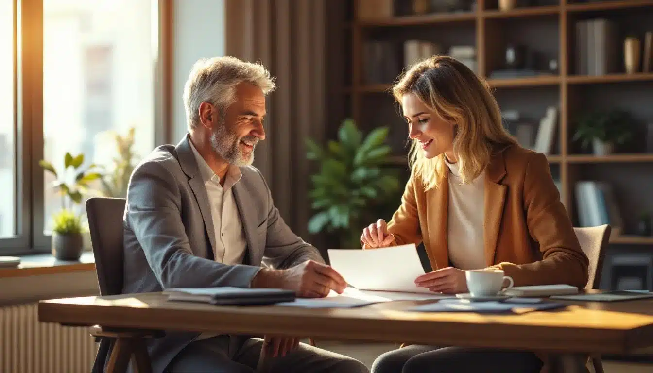 Deux professionnels sont assis à un bureau, discutant de documents et souriant, avec des étagères et des plantes en arrière plan.