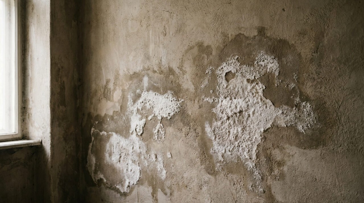 Un mur intérieur abîmé couvert de taches blanches de sels hygroscopiques près d'une fenêtre.