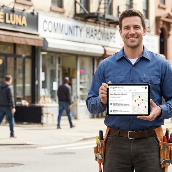 Électricien souriant tenant une tablette affichant son profil Google My Business dans une rue commerçante.