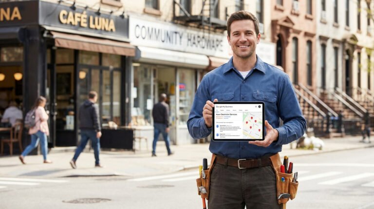 Électricien souriant tenant une tablette affichant son profil Google My Business dans une rue commerçante.