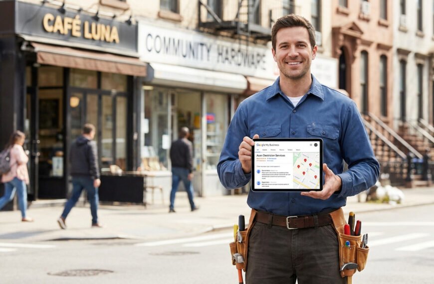 Électricien souriant tenant une tablette affichant son profil Google My Business dans une rue commerçante.