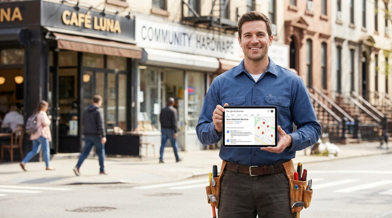 Électricien souriant tenant une tablette affichant son profil Google My Business dans une rue commerçante.
