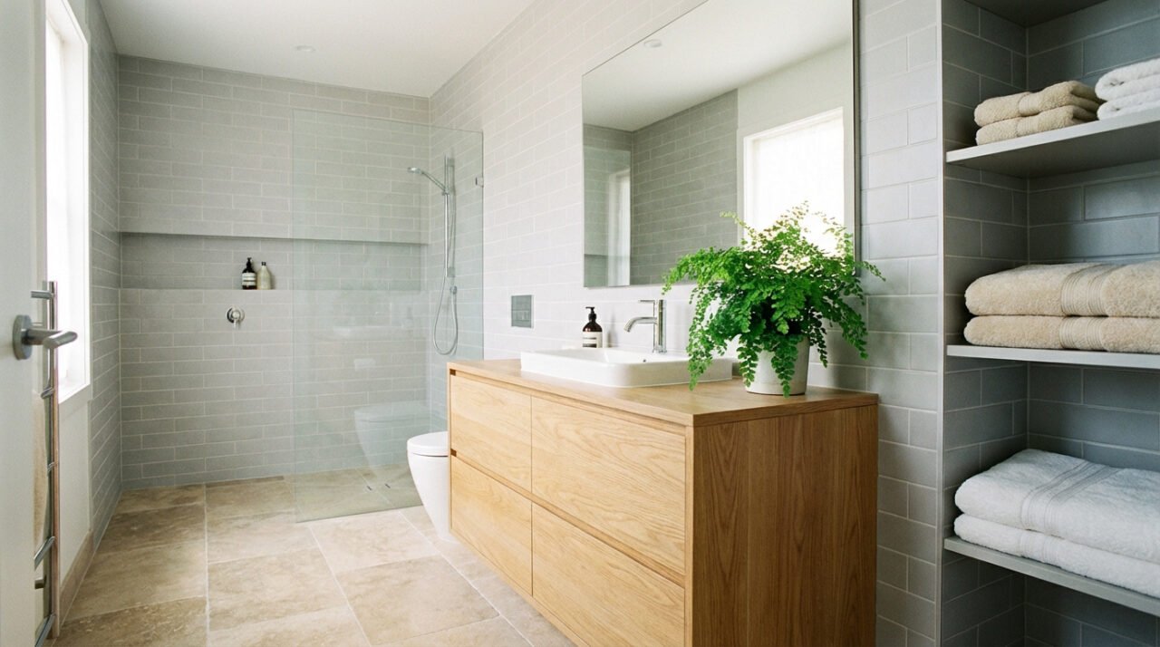 Salle de bain moderne avec douche à l'italienne, meuble en bois clair, carrelage gris, miroir et étagères ouvertes.