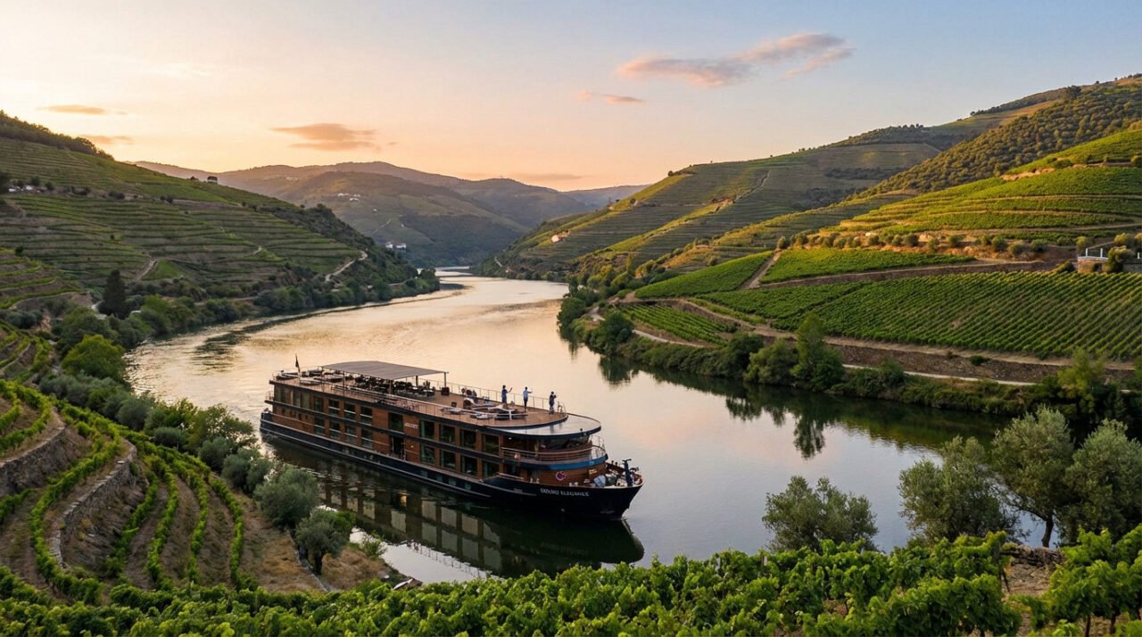 Un bateau de croisière fluviale navigue le long d'une rivière sinueuse entourée de collines vertes en terrasses et de vignobles sous un ciel de coucher de soleil.