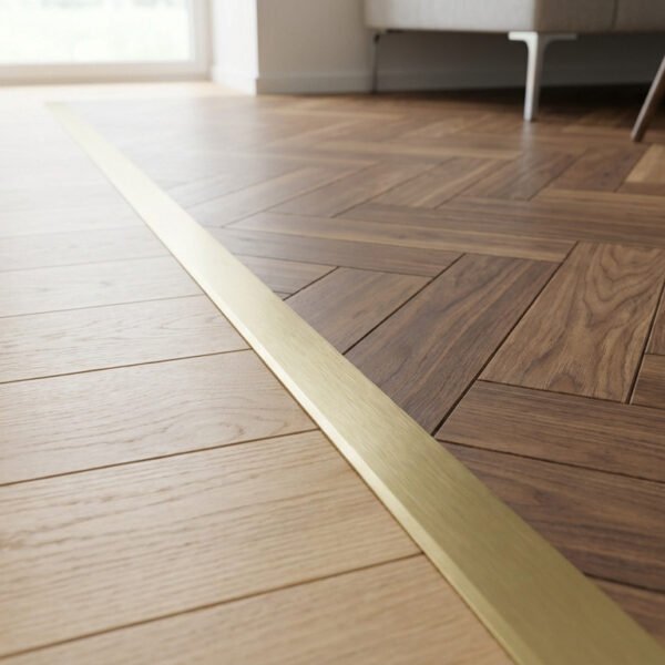 A photorealistic image of a perfect junction between light straight parquet and dark herringbone parquet, separated by a brass transition strip.