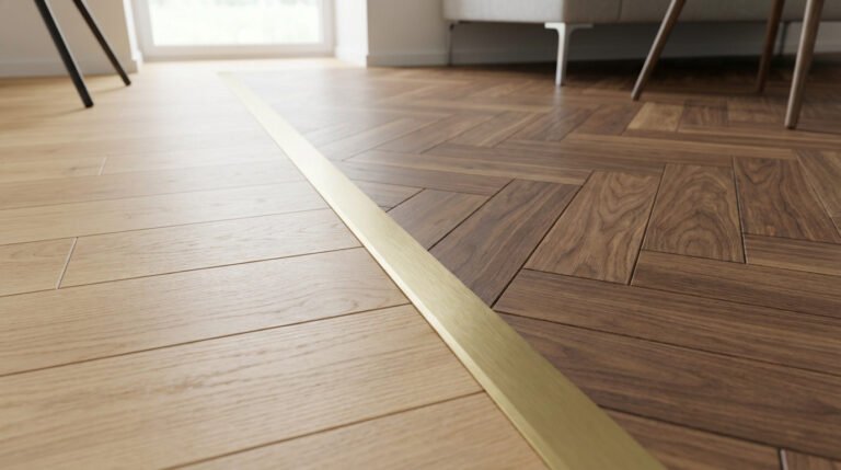 A photorealistic image of a perfect junction between light straight parquet and dark herringbone parquet, separated by a brass transition strip.