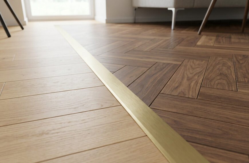 A photorealistic image of a perfect junction between light straight parquet and dark herringbone parquet, separated by a brass transition strip.