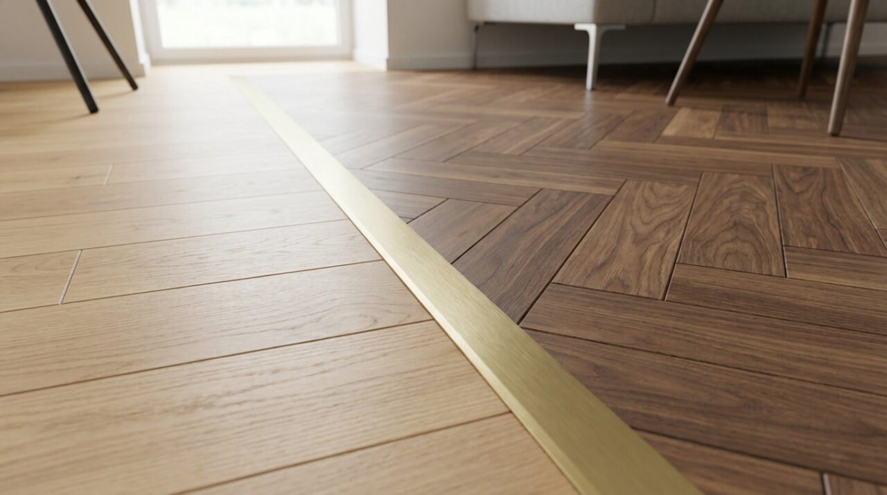 A photorealistic image of a perfect junction between light straight parquet and dark herringbone parquet, separated by a brass transition strip.