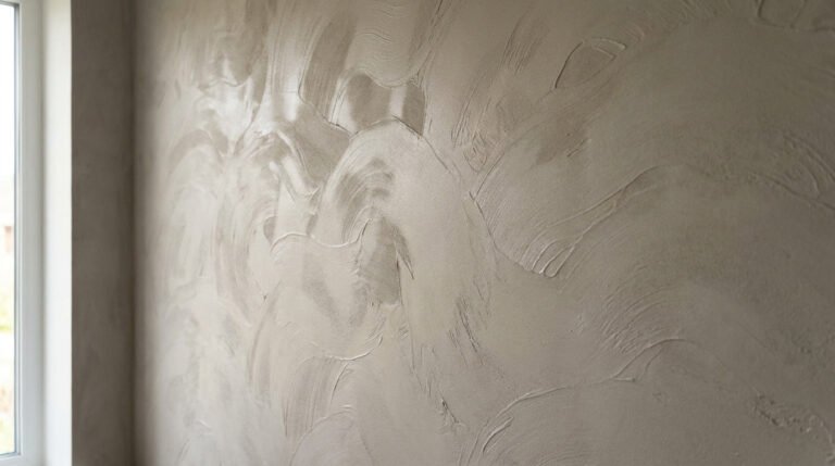 Gros plan sur un mur gris avec un enduit texturé présentant des motifs en vagues artistiques et un reflet brillant.
