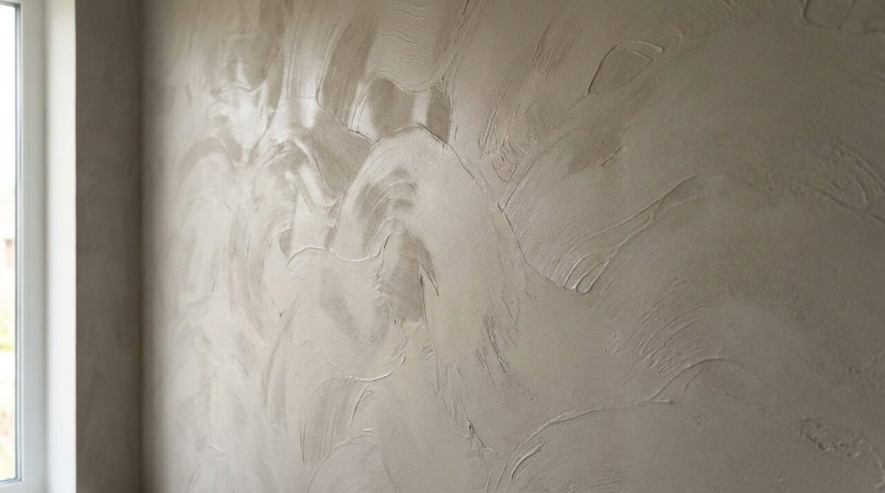 Gros plan sur un mur gris avec un enduit texturé présentant des motifs en vagues artistiques et un reflet brillant.